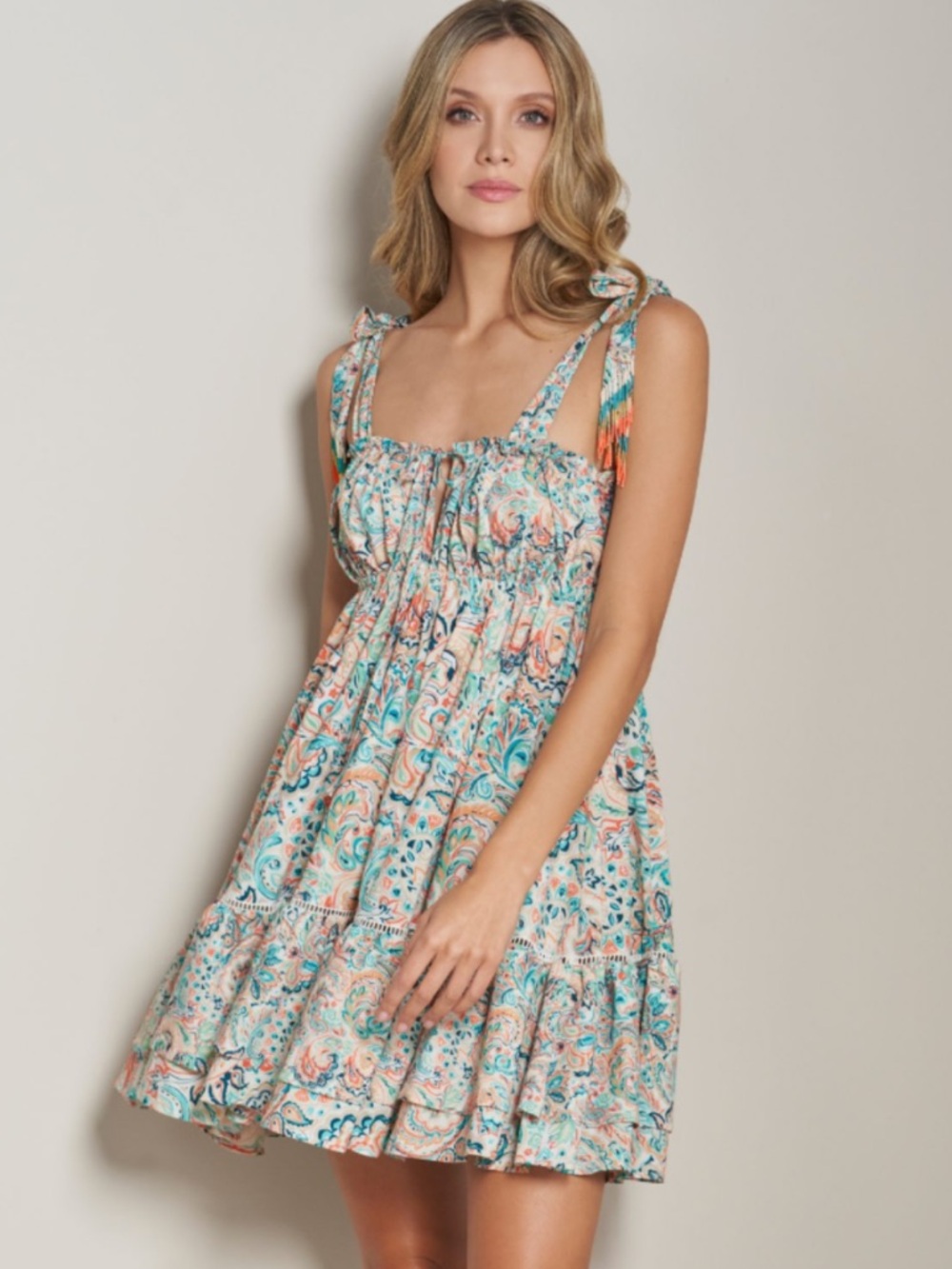Cosita Linda Smocked Tie-Shoulder Paisley Beaded Resort Mini Dress NWT $148